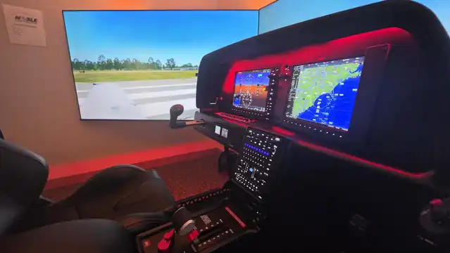 Close view of the Noble SR20/SR22 G6 simulator flight deck and avionics
