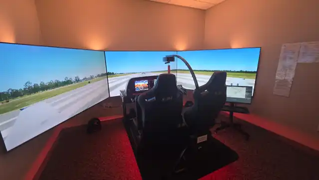 Falcon Flight Academy Noble SR20/SR22 G6 AATD simulator with dual seats and wraparound displays